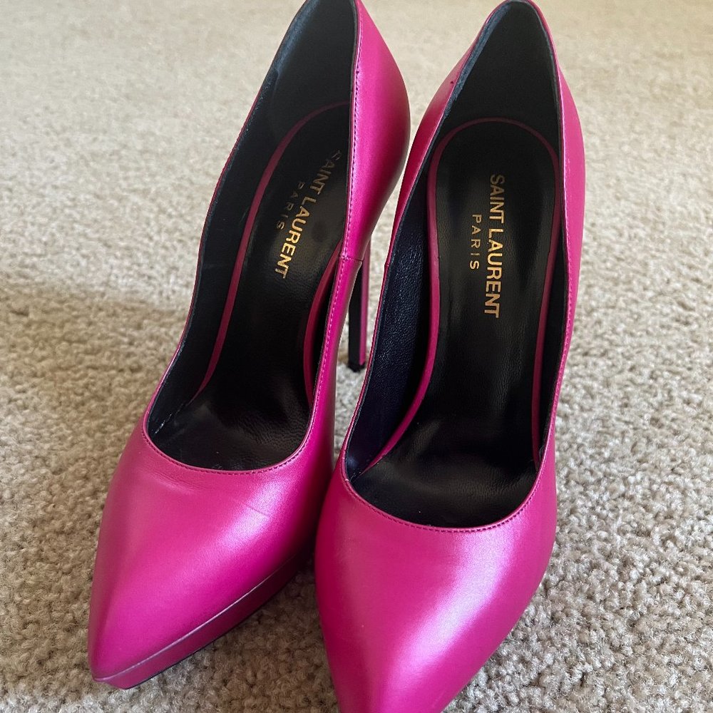 NEW SAINT LAURENT Fuchsia Janis Leather Platform Pumps